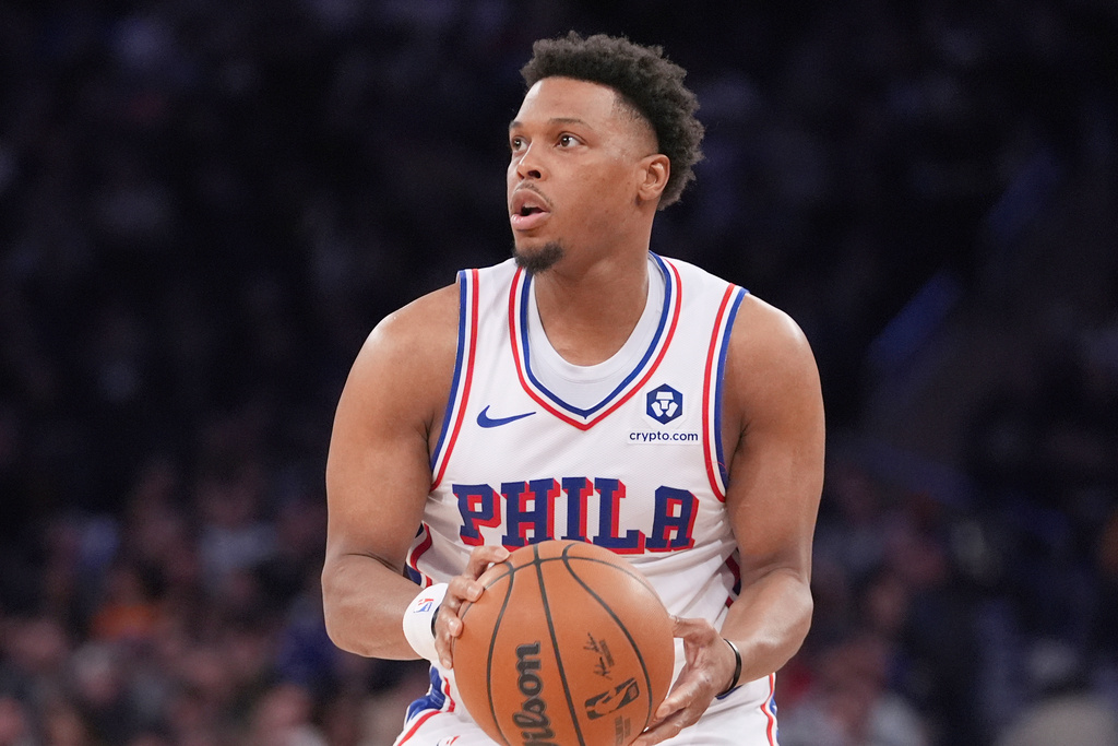 FILE- Philadelphia 76ers' Kyle Lowry looks to shoot during the second half of an NBA basketball game against the New York Knicks, Tuesday, April 1, 2025, in New York. (AP Photo/Frank Franklin II, File)