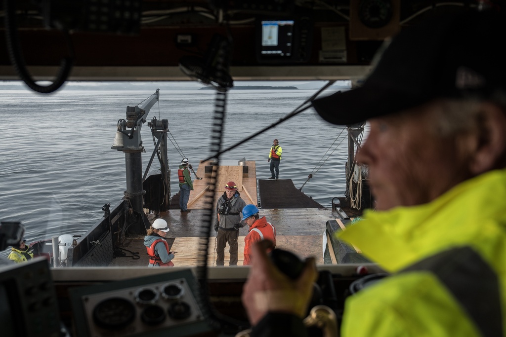 Researchers from the University of Washington deploy a 1.3-mile fiber-optic cable to test whether internet cables can detect endangered orca vocalizations near San Juan Island, Wash., Friday, Oct. 10, 2025. (AP Photo/Annika Hammerschlag)