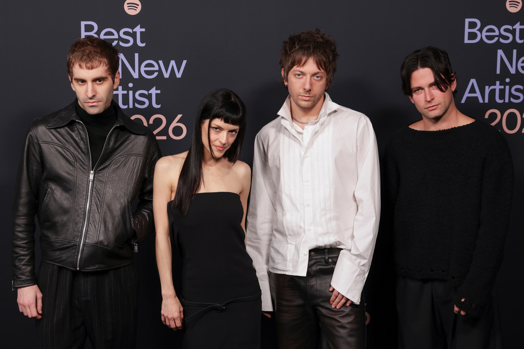 Jesse Perlman, from left, María Zardoya, Josh Conway, and Edward James of The Marías arrive at the Spotify Best New Artist Party on Thursday, Jan. 29, 2026, in Los Angeles. (Photo by Andrew Park/Invision/AP)