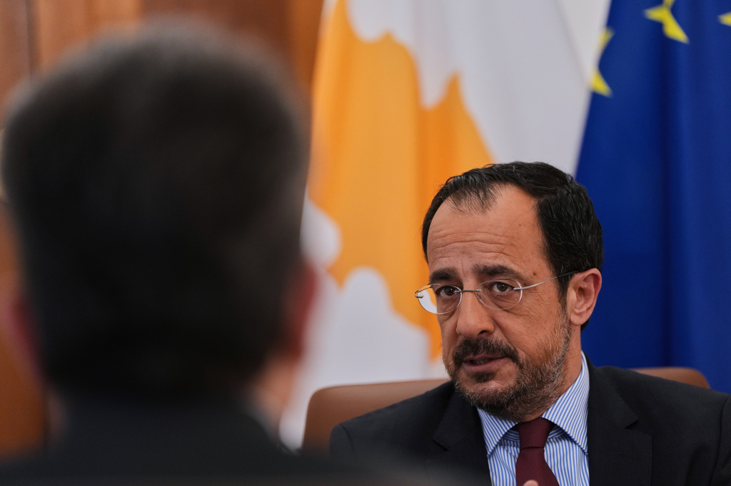 Cypriot President Nikos Christodoulides speaks during an Associated Press interview ahead of this week's major EU-Middle East summit, at the presidential palace in the capital Nicosia, Cyprus, Tuesday, April 21, 2026. (AP Photo/Petros Karadjias)