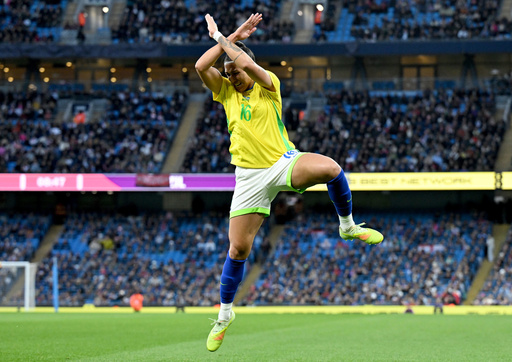 Brazil's Bia Zaneratto celebrates after scoring her sides first goal during an international women's friendly soccer match between England and Brazil in Manchester, England, Saturday, Oct. 25, 2025. (Cody Froggatt/PA via AP) Brazil's Bia Zaneratto celebrates after scoring her sides first goal during an international women's friendly soccer match between England and Brazil in Manchester, England, Saturday, Oct. 25, 2025. (Cody Froggatt/PA via AP)
