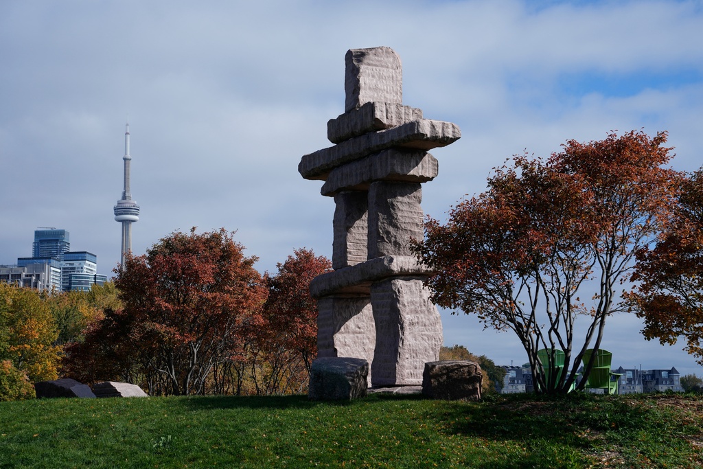 An Inukshuk sculpture statue stands in Toronto, Wednesday, Oct. 29, 2025. (AP Photo/Kamran Jebreili)