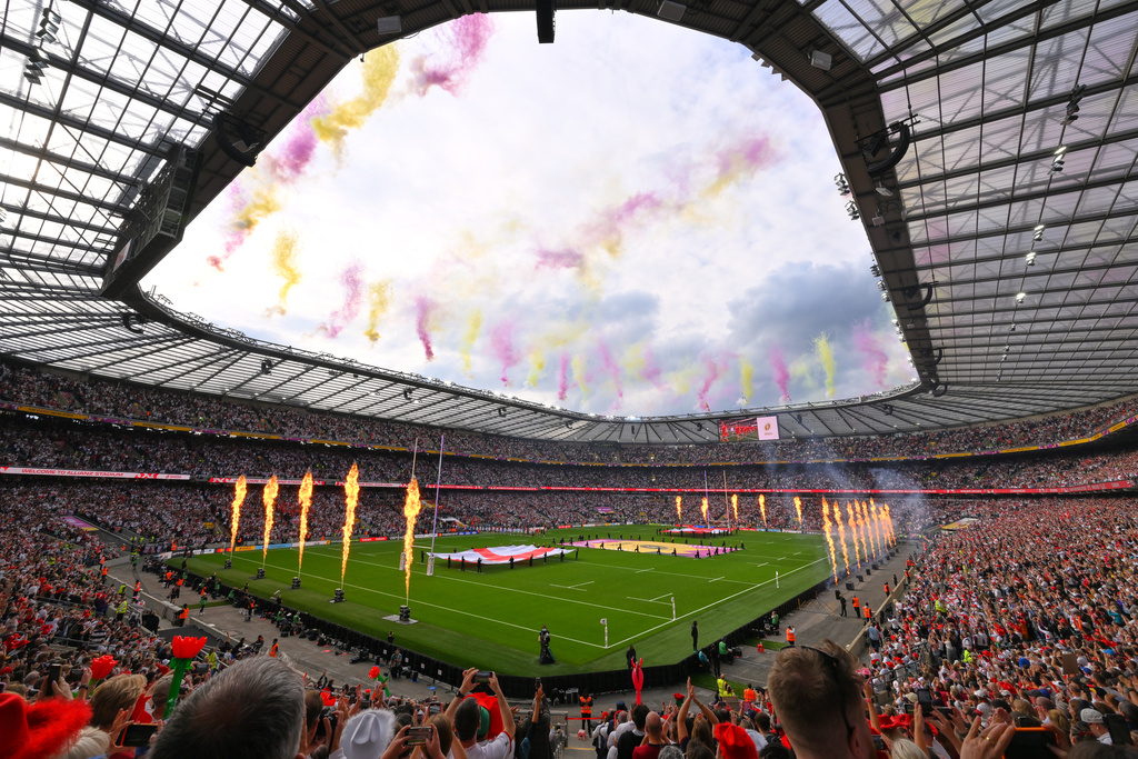 General view before the start of the Women's Rugby World Cup final match between England and Canada at the Allianz Stadium, Twickenham in London, Saturday, Sept. 27, 2025.(AP Photo/Anthony Upton)