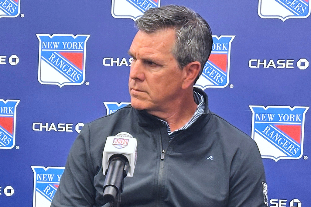 New York Rangers new head coach Mike Sullivan listens during an NHL hockey news conference, Wednesday, Sept. 17, 2025, in Tarrytown, N.Y. (AP Photo/Stephen Whyno)