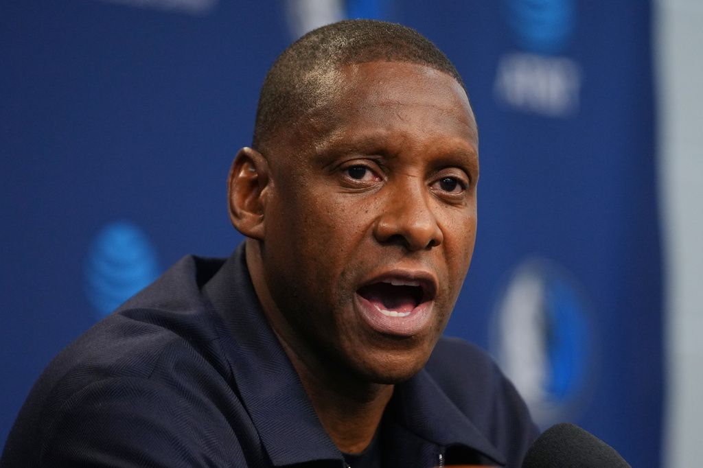 Mavericks President Masai Ujiri speaks to reporters during a news conference addressing the departure of the NBA basketball team's head coach Jason Kidd, Wednesday, May 20, 2026, in Dallas. (AP Photo/Julio Cortez)