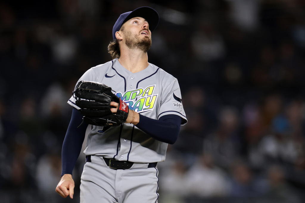 Tampa Bay Rays pitcher Mason Englert watches a solo home run by New York Yankees' Ben Rice during the first inning of a baseball game Wednesday, Sept. 23, 2026, in New York. (AP Photo/Adam Hunger)