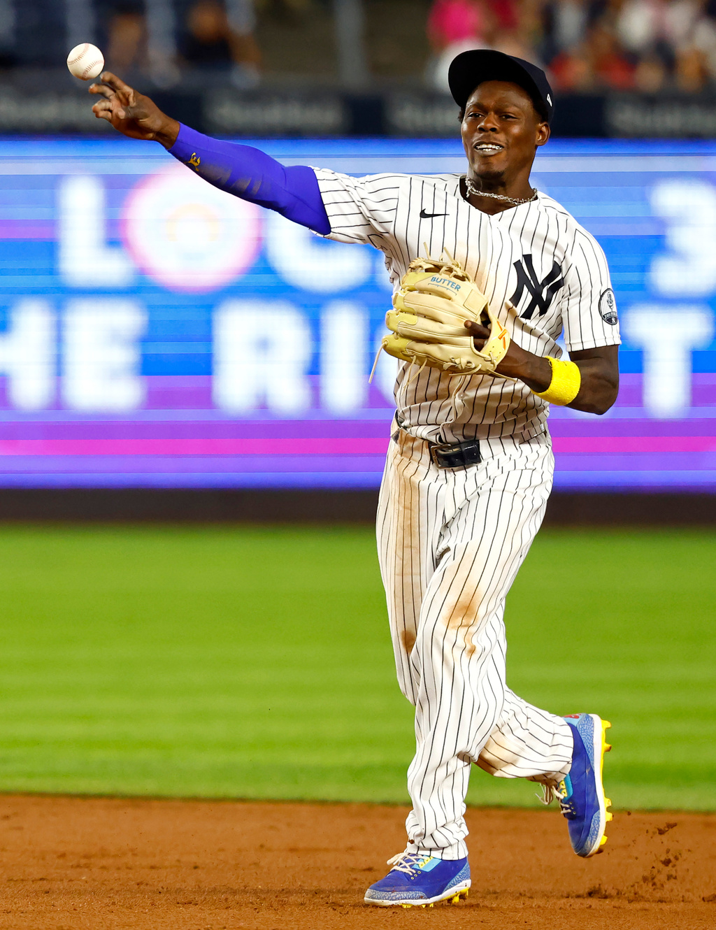 New York Yankees second baseman Jazz Chisholm Jr. throws out Colorado Rockies Cole Carrigg during the ninth inning of a baseball game, Tuesday, Sept. 8, 2026, in New York. (AP Photo/Noah K. Murray)
