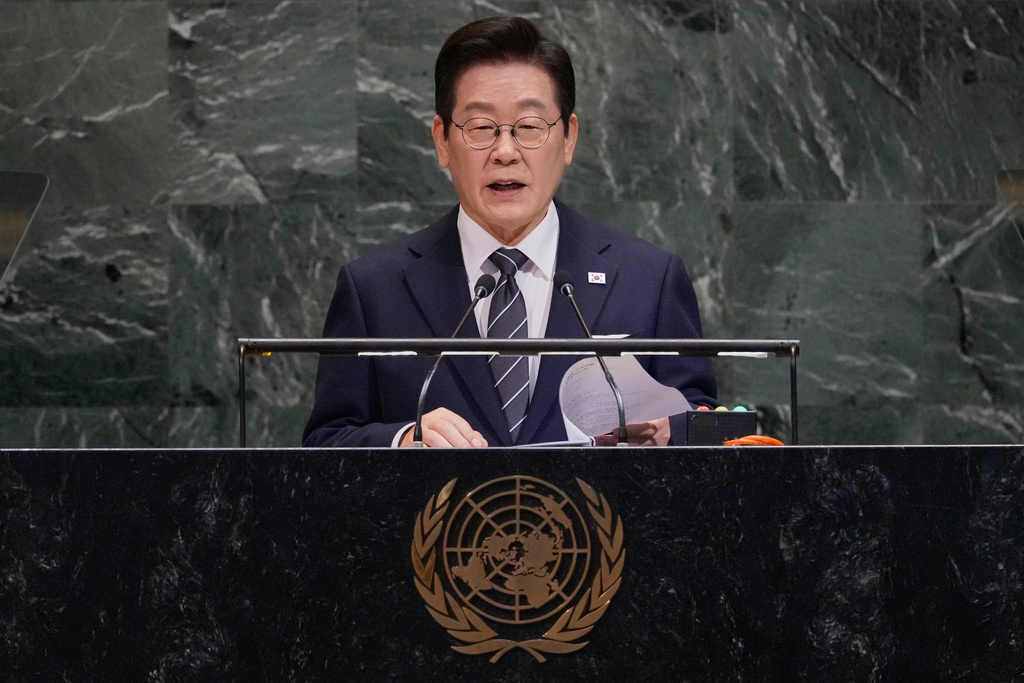 South Korea President Lee Jae Myung addresses the 80th session of the United Nations General Assembly, Tuesday, Sept. 23, 2025. (AP Photo/Richard Drew)