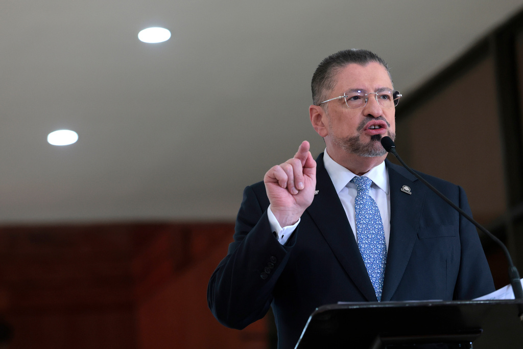 FILE - Costa Rican President Rodrigo Chaves gives a joint news conference with U.S. Homeland Security Secretary Kristi Noem at the presidential palace in San Jose, Costa Rica, June 25, 2025. (Anna Moneymaker/Pool Photo via AP, File)