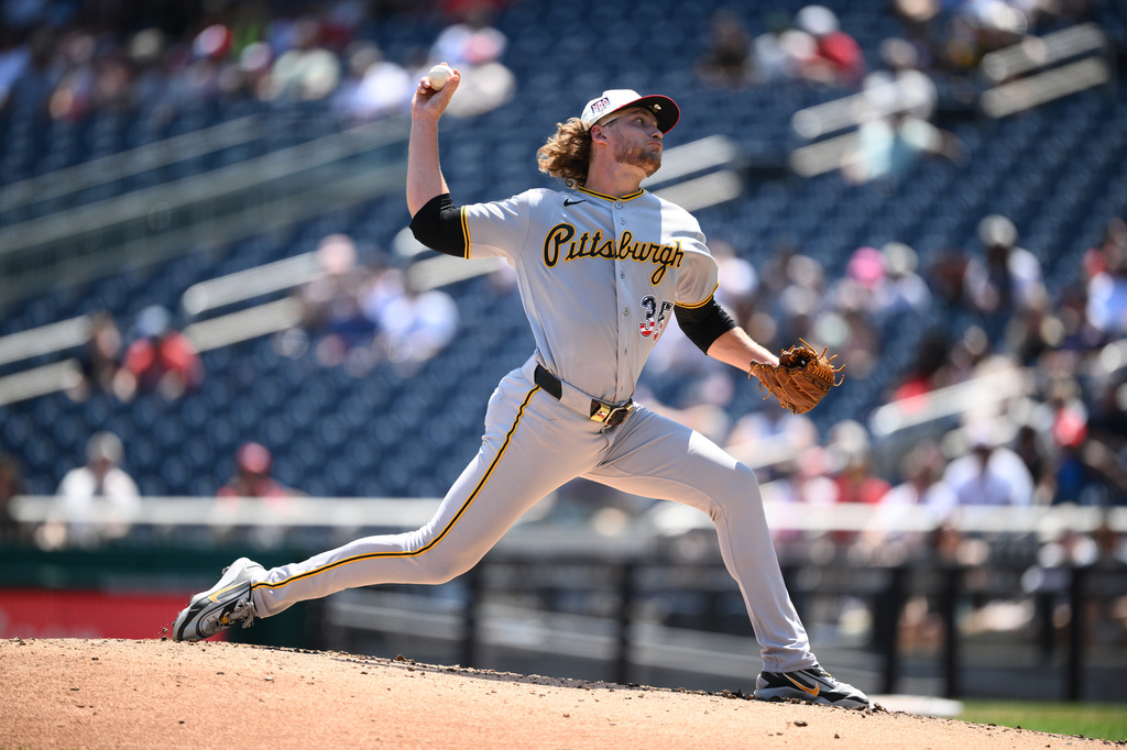 Pittsburgh Pirates pitcher Braxton Ashcraft throws during the third inning of a baseball game against the Washington Nationals, Saturday, July 4, 2026, in Washington. (AP Photo/Nick Wass)