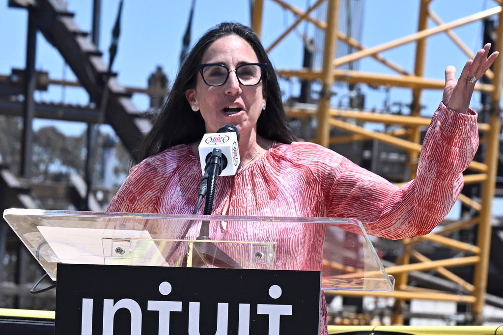 FILE - Gillian Zucker, president of business operations for the Los Angeles Clippers, talks about the construction on the Intuit Dome, future home of the NBA basketball team, in Inglewood, Calif., July 21, 2022. (Keith Birmingham/The Orange County Register via AP, File)