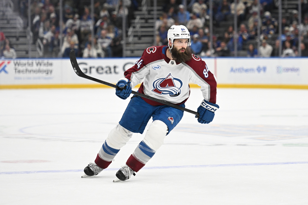 FILE - Colorado Avalanche's Brent Burns (84) skates during the first period of an NHL hockey game against the St. Louis Blues on April 7, 2026, in St. Louis. (AP Photo/Joe Puetz, File)