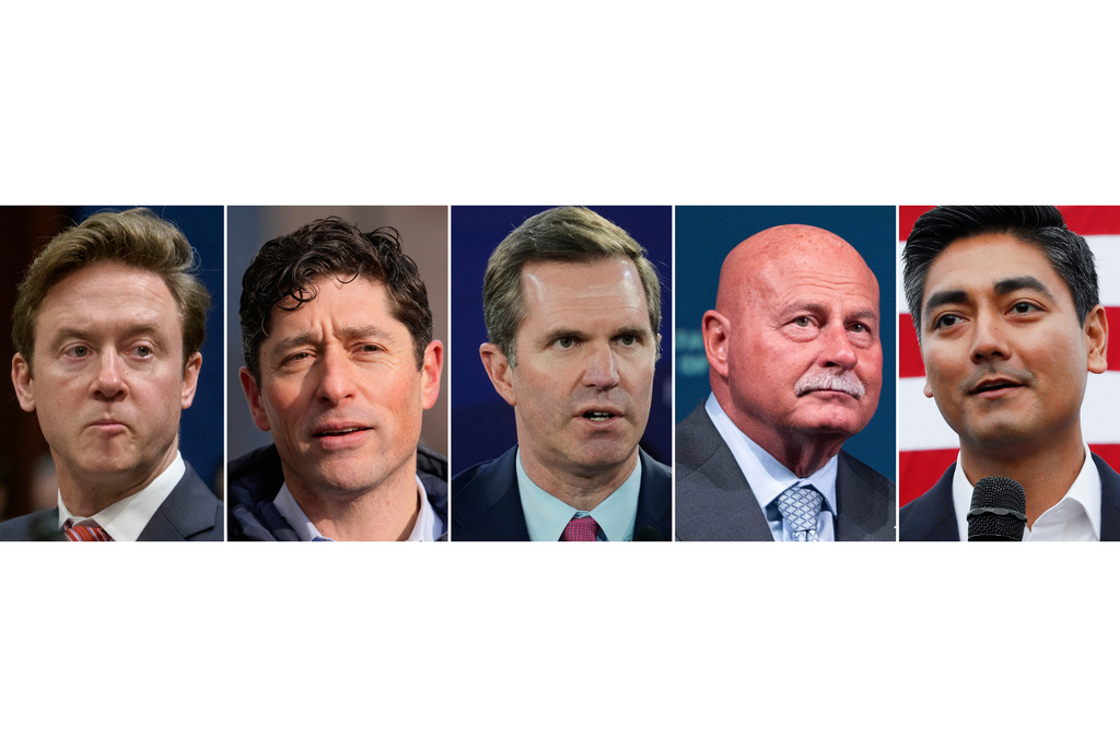 This photo combination shows, from left, Denver Mayor Mike Johnston, March 5, 2025, in Washington, Minneapolis Mayor Jacob Frey, Jan. 10, 2026, in Minneapolis, Kentucky Gov. Andy Beshear in Davos, Switzerland, Jan. 21, 2026, Fresno, Calif. Mayor Jerry Dyer, Jan. 28, 2026 in Washington, and Cincinnati Mayor Aftab Pureval, Nov. 4, 2018 in Cincinnati. (AP Photo/Rod Lamkey, Jr., Jen Golbeck, Markus Schreiber, Kevin Wolf, John Minchillo)