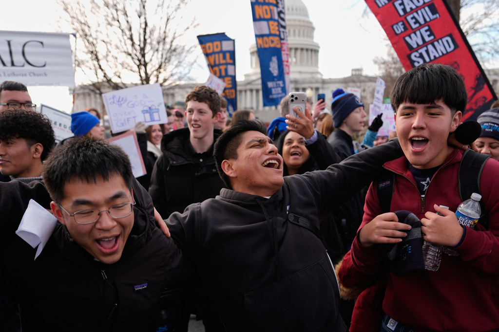 Anti-abortion demonstrators end the annual March for Life in front of the Supreme Court in Washington, Friday, Jan. 23, 2026. (AP Photo/Julia Demaree Nikhinson)
