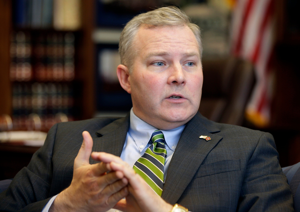 FILE - Arkansas Lt. Gov. Tim Griffin is interviewed in his office at the state Capitol, Jan. 16, 2015, in Little Rock, Ark. (AP Photo/Danny Johnston, File)