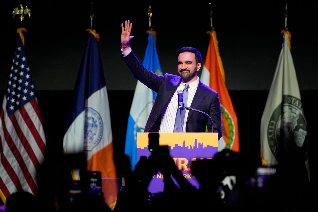 Mayor elect Zohran Mamdani waves to supporters after making his acceptance speech at an election nigh watch party, Tuesday, Nov. 4, 2025, in New York. (AP Photo/Yuki Iwamura)