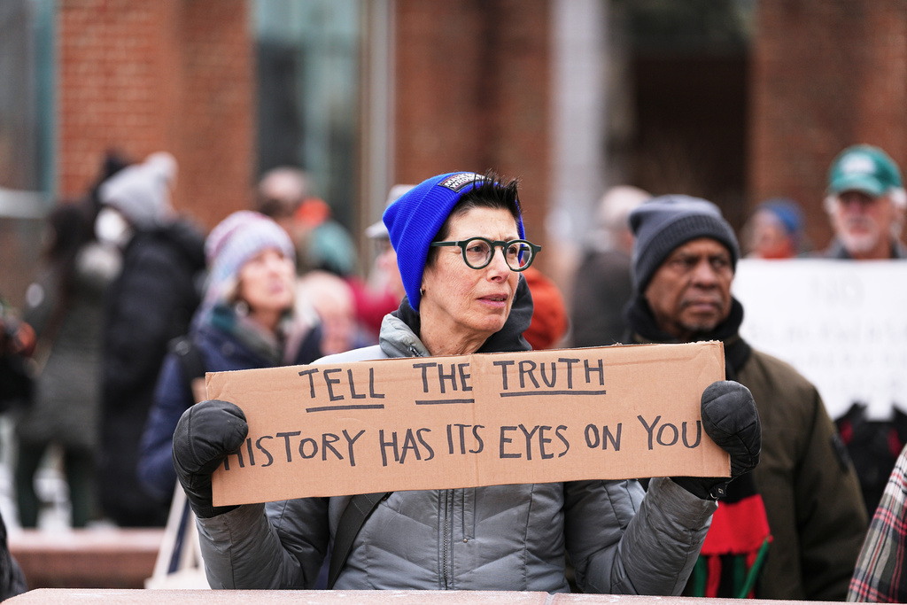 Demonstrators gather to protest removal of explanatory panels that were part of an exhibit on slavery at the President's House Site in Philadelphia, Tuesday, Feb. 10, 2026. (AP Photo/Matt Rourke)