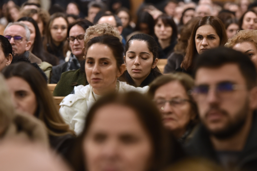Faithful attend Ash Wednesday Mass marking the start of the Catholic Lent inside the Mother Teresa Cathedral in Pristina, Kosovo, Wednesday, Feb. 18, 2026. (AP Photo/Laura Hasani)