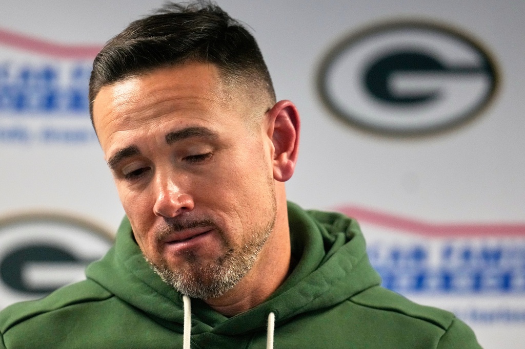 Green Bay Packers head coach Matt LaFleur talks after an NFL wild-card playoff football game against the Chicago Bears Saturday, Jan. 10, 2026, in Chicago. (AP Photo/Erin Hooley)