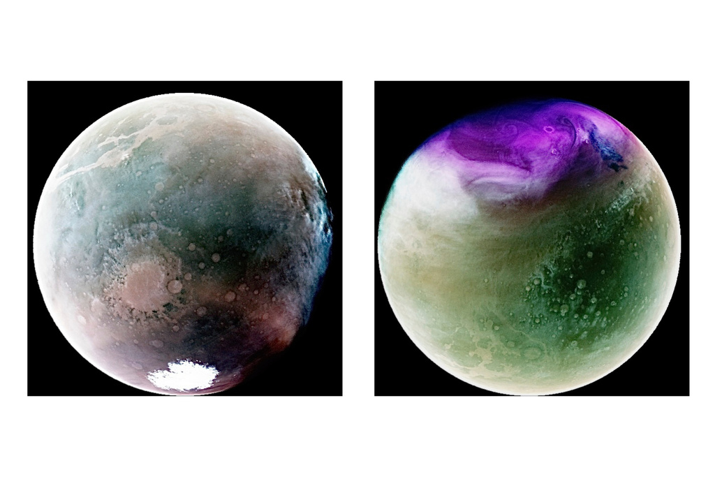 This combination of ultraviolet spectrum images provided by NASA shows atmospheric features of the planet Mars in July 2022, left, during the southern hemisphere’s summer season, and the planet’s northern hemisphere in January 2023 after Mars had passed the farthest point in its orbit from the Sun, captured by the MAVEN (Mars Atmosphere and Volatile EvolutioN) spacecraft. (NASA/LASP/CU Boulder via AP)