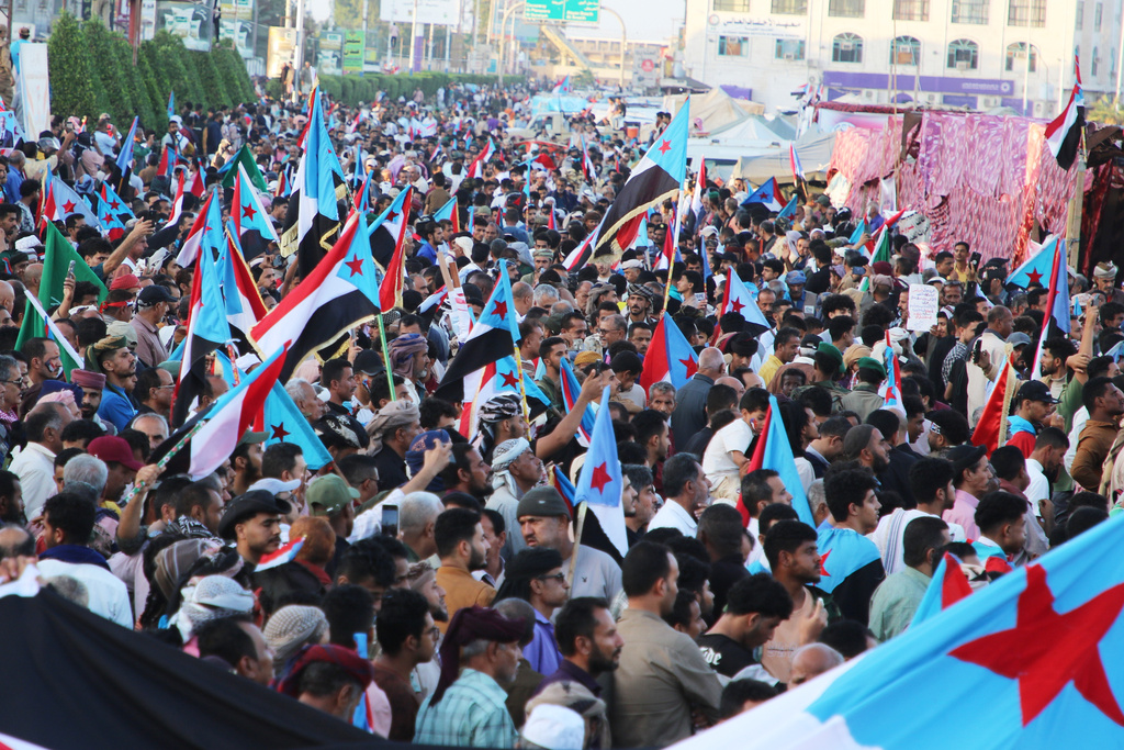 Supporters of the Southern Transitional Council (STC), a coalition of separatist groups seeking to restore the state of South Yemen, hold South Yemen flags during a rally, in Aden, Yemen, Dec. 25, 2025. (AP Photo)