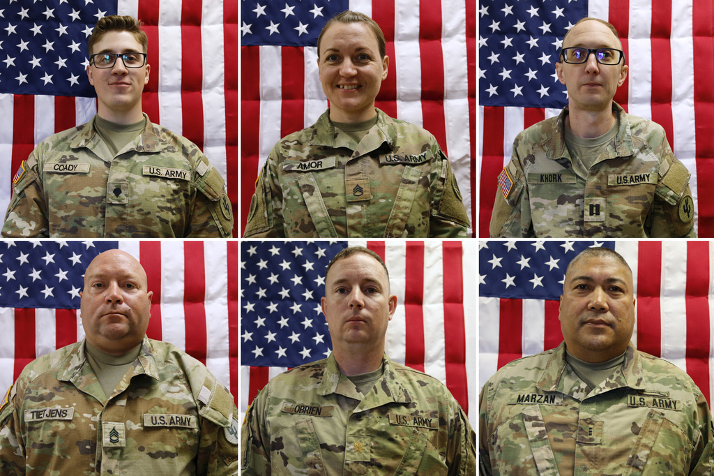 This combination of photos released by the U.S. Army taken on May 16, 2025, shows from top left, Sgt. Declan Coady, Master Sgt. Class Nicole Amor, Maj. Cody Khork, Master Sgt. Class Noah Tietjens, Maj. Jeffrey O&rsquo;Brien and Chief Warrant Officer 3 Robert Marzan, after they were killed following an Iranian drone strike on March 1, 2026, in Port Shuaiba in Kuwait. (U.S. Army via AP)