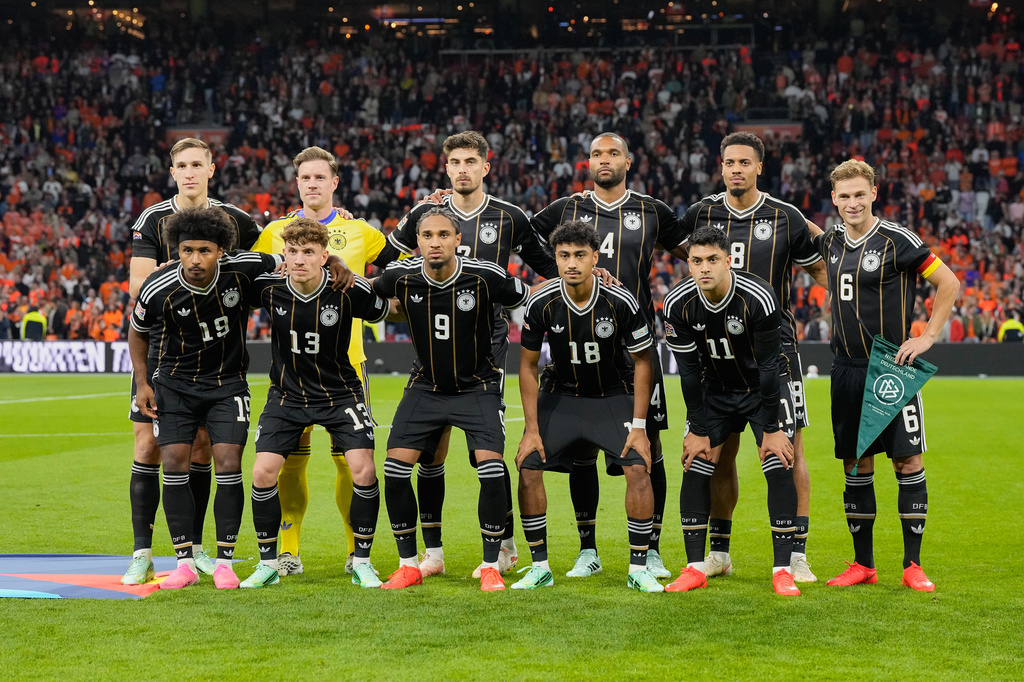 German players pose before the UEFA Nations League soccer match between the Netherlands and Germany in Amsterdam, Netherlands, Thursday, Sept. 24, 2026. (AP Photo/Martin Meissner)