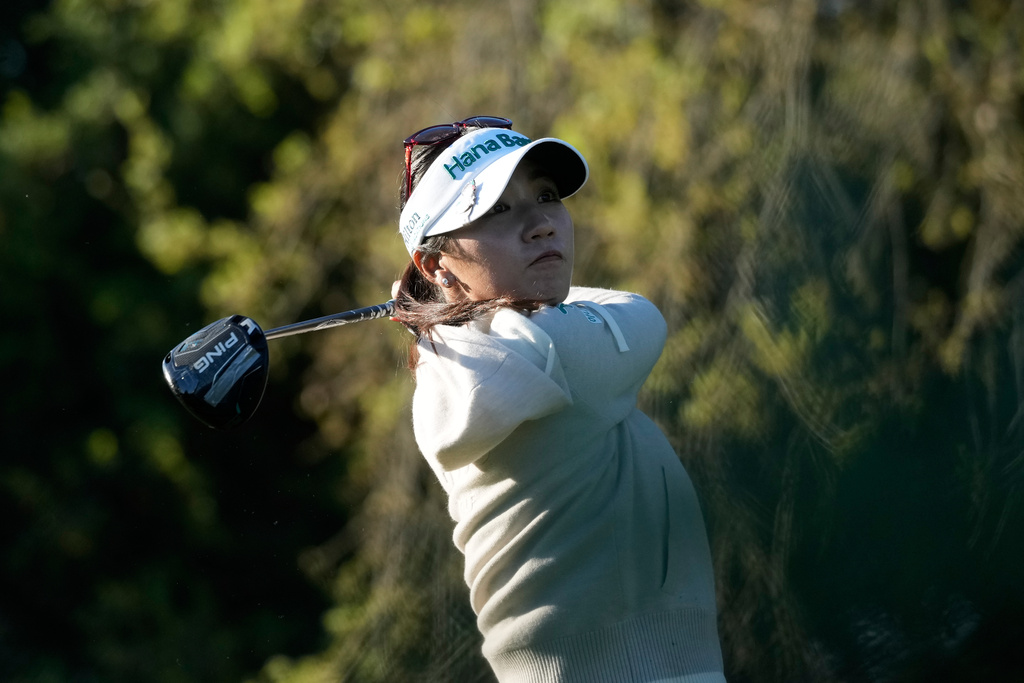 Lydia Ko, of New Zealand, hits from the 11th tee during the first round of the LPGA Fortinet Founders Cup golf tournament, Thursday, March 19, 2026, in Menlo Park, Calif. (AP Photo/Jeff Chiu)