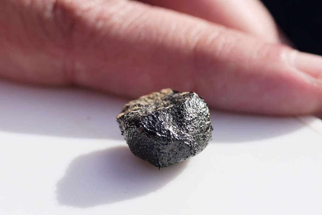 Meteorite hunter Roberto Vargas, of Connecticut, displays one of the meteorites he found in Sharon Center, Ohio, Thursday, March 19, 2026, after a meteor crashed March 17. (AP Photo/Sue Ogrocki)