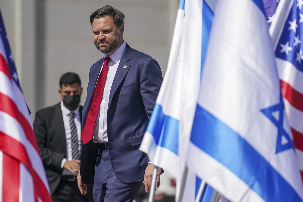 Vice President J.D. Vance arrives at Ben Gurion airport in Tel Aviv, Israel, Tuesday, Oct. 21, 2025. (Nathan Howard/Pool Photo via AP)