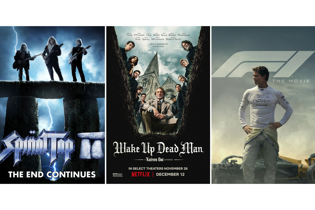 This combination of images shows promotional art for the films, "Spinal Tap II: The End Continues," left, "Wake Up Dead Man: A Knives Out Mystery," center, and "F1: The Movie." (Bleecker Street/Netflix/Apple via AP)