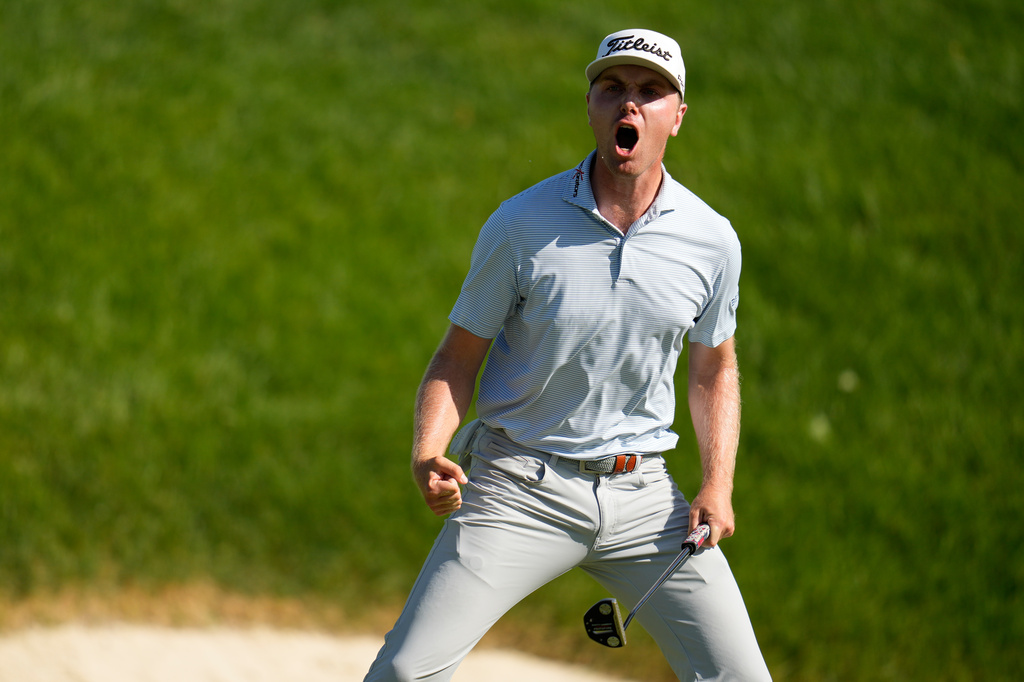 Ryan Gerard celebrates after a putt on the 17th hole during the final round of the Memorial golf tournament, Sunday, June 7, 2026, in Dublin, Ohio. (AP Photo/Sue Ogrocki)