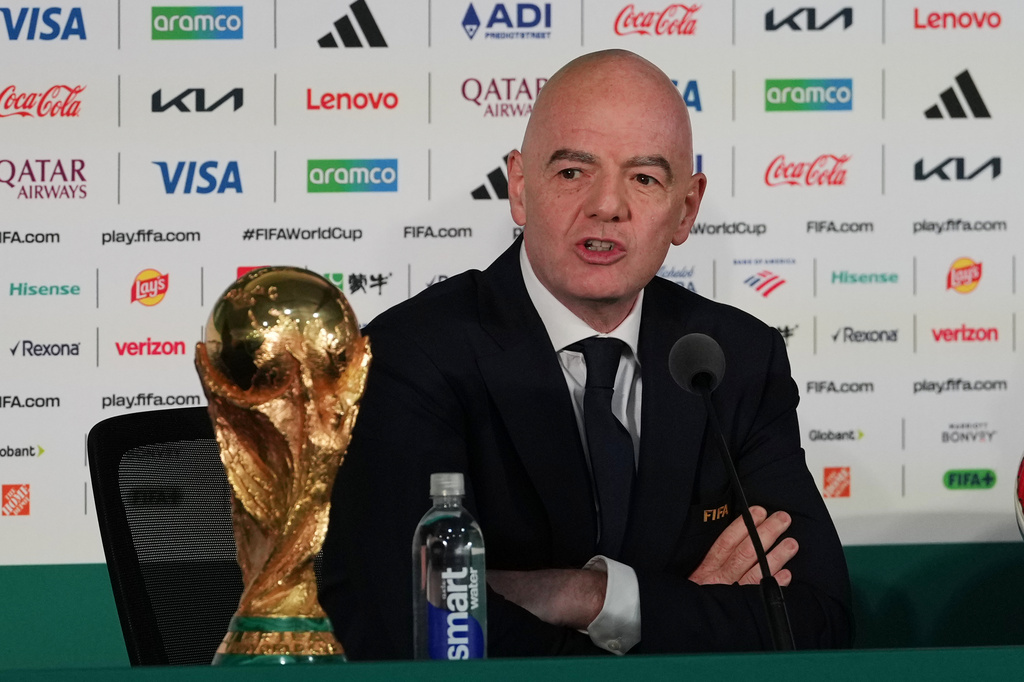 FIFA President Gianni Infantino speaks during a news conference at the stadium in Mexico City, Wednesday, June 10, 2026, a day before the opening FIFA World Cup match between Mexico and South Africa. (AP Photo/Eduardo Verdugo)