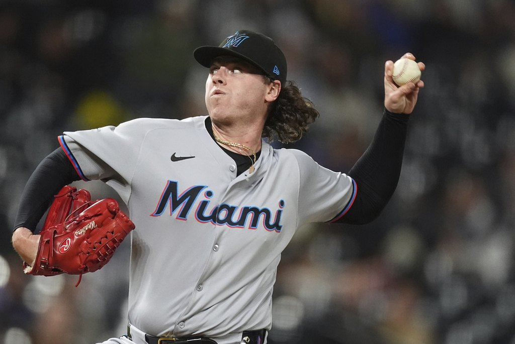 Miami Marlins starting pitcher Ryan Weathers works against the Colorado Rockies in the first inning of a baseball game Wednesday, Sept. 17, 2025, in Denver. (AP Photo/David Zalubowski)