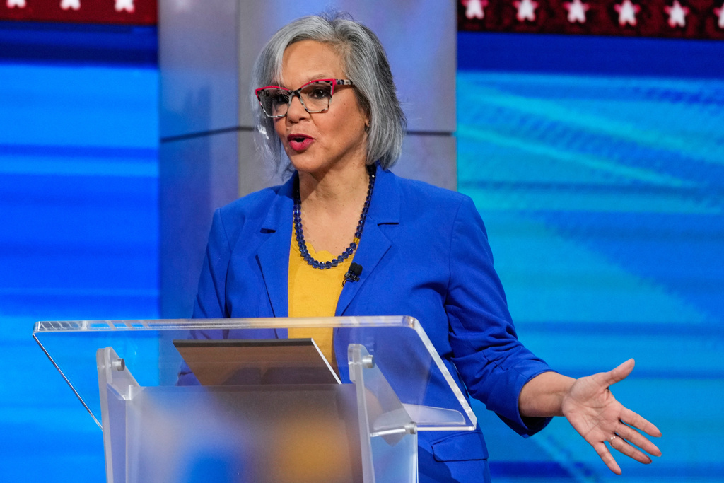 U.S. Rep. Robin Kelly (D-Ill.), speaks during U.S. senate Democratic Primary Debate, in Chicago, Thursday, Feb. 19, 2026. (AP Photo/Nam Y. Huh)