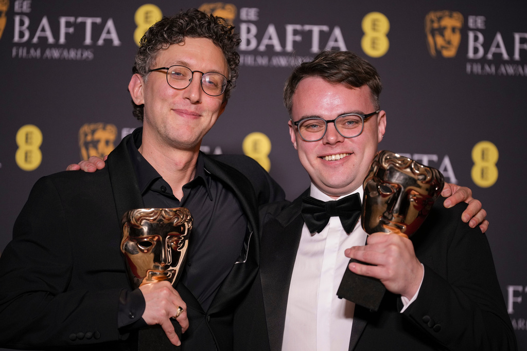 David Borenstein, left, and Pavel Talankin at the 79th British Academy Film Awards, BAFTA's, in London, Sunday, Feb. 22, 2026. (AP Photo/Alastair Grant)