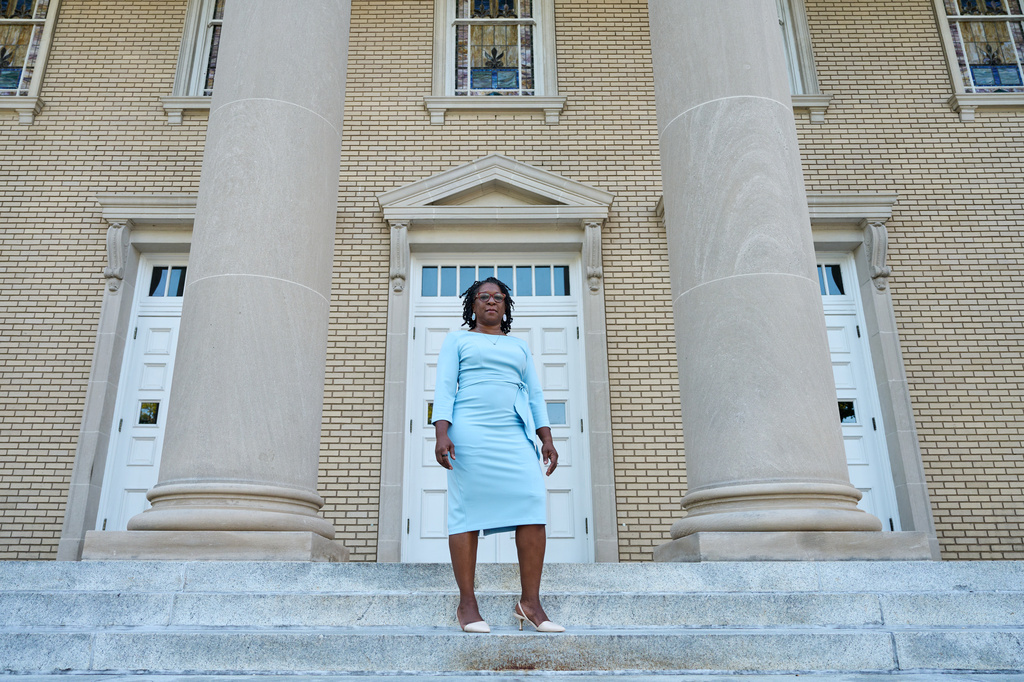 Jovonia Lewis poses for a portrait across from the Durham Board of Education building on Monday, Sept. 21, 2026, in Durham, N.C. (AP Photo/Matt Ramey)