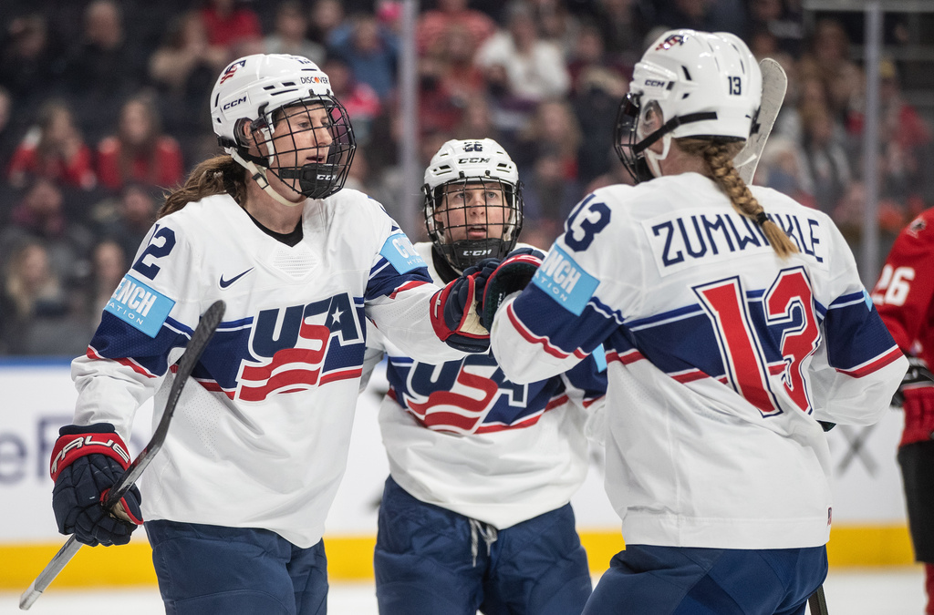 United States' Kelly Pannek (12), Kendall Coyne Schofield (26) and Grace Zumwinkle (13) celebrate a goal against Canada during second period Rivalry Series action in Edmonton on Wednesday, Dec. 10, 2025. (Jason Franson/The Canadian Press via AP)