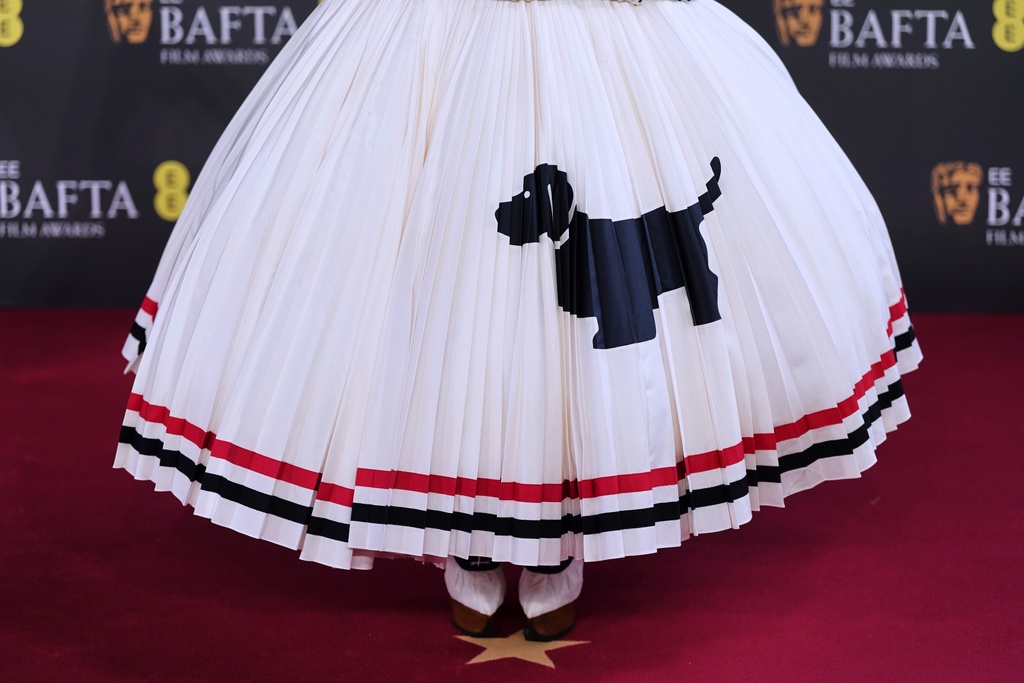 The dress of Audrey Nuna as she poses for photographers upon arrival at the 79th British Academy Film Awards, BAFTA's, in London, Sunday, Feb. 22, 2026. (AP Photo/Alberto Pezzali)