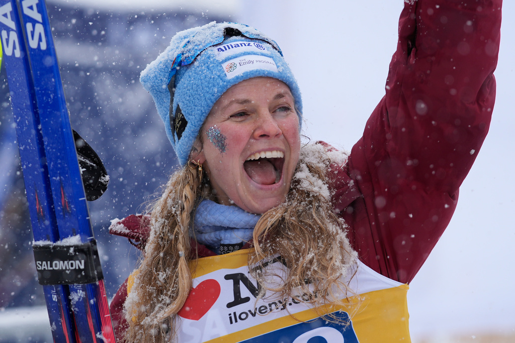 United States' Jessie Diggins reacts after the women's World Cup Finals Interval Start 10 km Classic cross country skiing race Friday, March 20, 2026, in Lake Placid, N.Y. (AP Photo/Robert F. Bukaty)