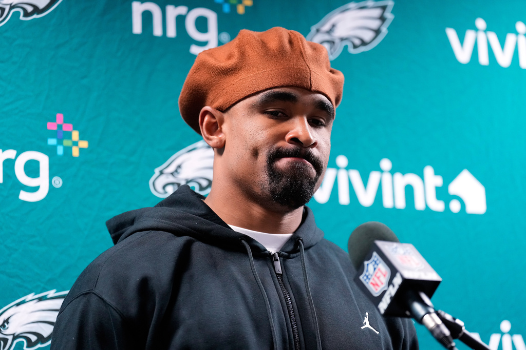Philadelphia Eagles' Jalen Hurts speaks during a news conference after an NFL football game against the New York Giants Friday, Oct. 10, 2025, in East Rutherford, N.J. (AP Photo/Seth Wenig)