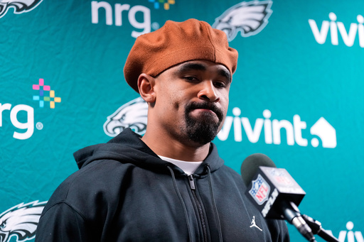 Philadelphia Eagles' Jalen Hurts speaks during a news conference after an NFL football game against the New York Giants Friday, Oct. 10, 2025, in East Rutherford, N.J. (AP Photo/Seth Wenig) Philadelphia Eagles' Jalen Hurts speaks during a news conference after an NFL football game against the New York Giants Friday, Oct. 10, 2025, in East Rutherford, N.J. (AP Photo/Seth Wenig)