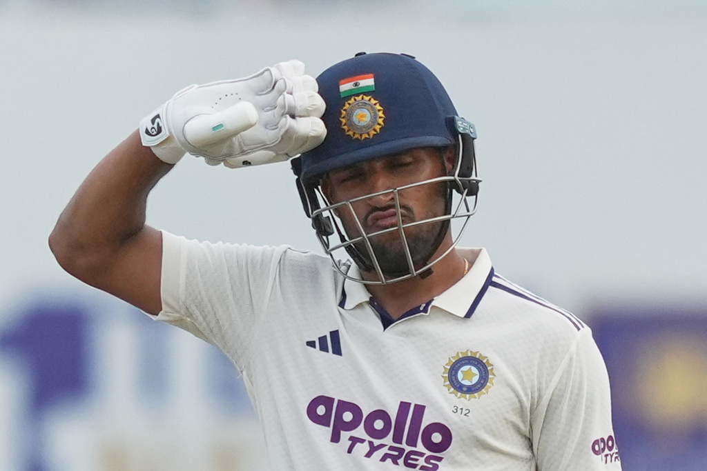 India's Dhruv Jurel celebrates his fifty runs during the second day of the first Test cricket match between Sri Lanka and India in Galle, Sri Lanka, Sunday, Aug. 16, 2026. (AP Photo/Eranga Jayawardena)