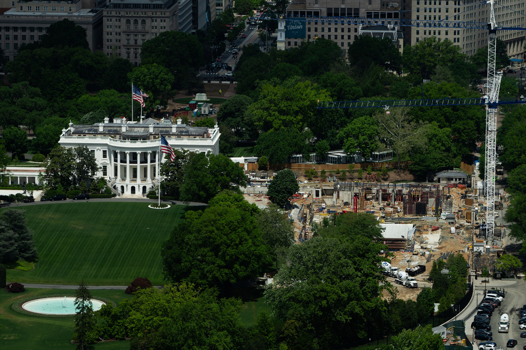 Construction on the new White House ballroom is seen from the Washington Monument, Monday, April 20, 2026, in Washington. (AP Photo/Julia Demaree Nikhinson)