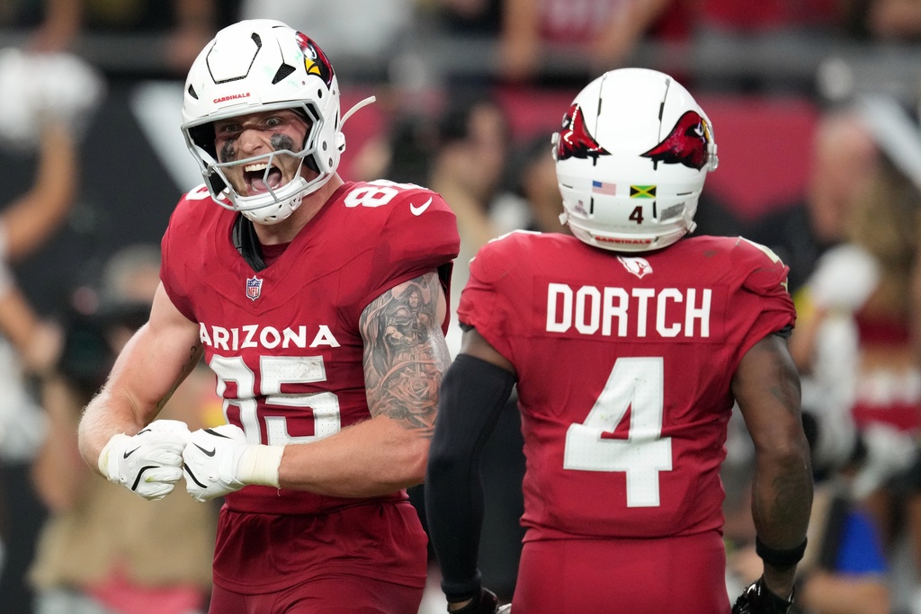 Arizona Cardinals' Trey McBride reacts after his touchdown catch during the second half of an NFL football game against the Green Bay Packers Sunday, Oct. 19, 2025, in Glendale, Ariz. (AP Photo/Ross D. Franklin)