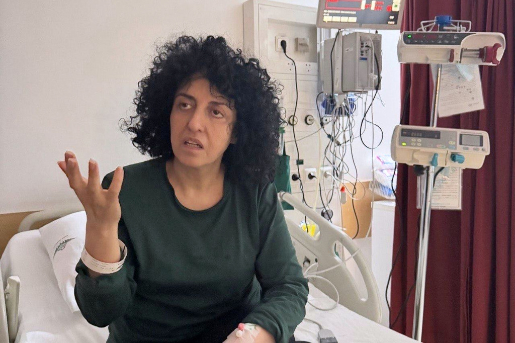 Prominent Iranian human rights activist Narges Mohammadi in a hospital in Tehran, Iran on May 10, 2026. (Narges Foundation Archive via AP)