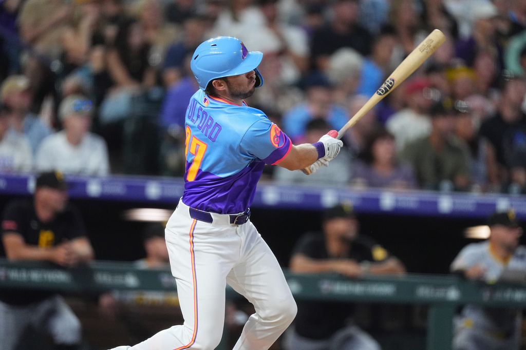 Colorado Rockies pinch-hitter Braxton Fulford follows the flight of his two-run double off Pittsburgh Pirates relief pitcher Mason Montgomery in the eighth inning of a baseball game Friday, June 19, 2026, in Denver. (AP Photo/David Zalubowski)
