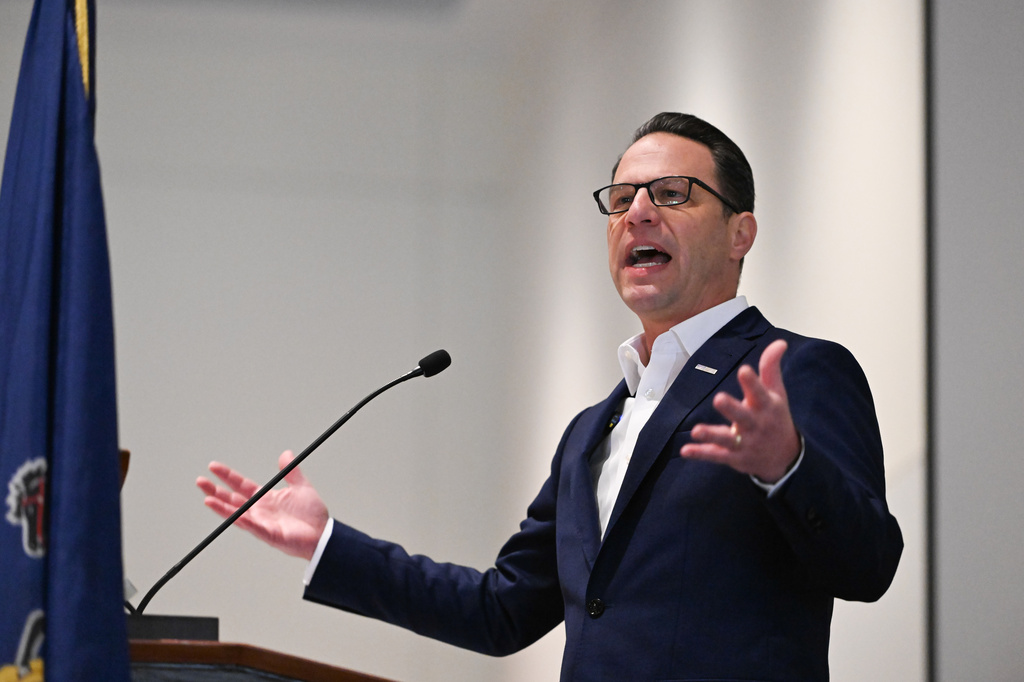 FILE - Pennsylvania Gov. Josh Shapiro speaks to the crowd at a Centre County Democratic Party event at the Penn Stater hotel, April 11, 2026, in State College, Pa. (AP Photo/Marc Levy, File)
