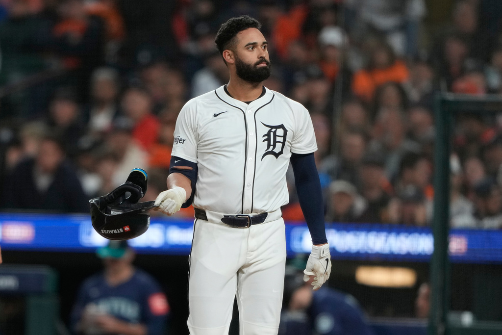 Detroit Tigers' Riley Greene drops his helmet after striking out to end the first inning in Game 3 of baseball's American League Division Series against the Seattle Mariners Tuesday, Oct. 7, 2025, in Detroit. (AP Photo/Ryan Sun)