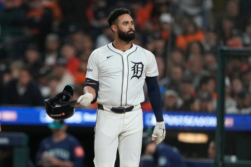 Detroit Tigers' Riley Greene drops his helmet after striking out to end the first inning in Game 3 of baseball's American League Division Series against the Seattle Mariners Tuesday, Oct. 7, 2025, in Detroit. (AP Photo/Ryan Sun) Detroit Tigers' Riley Greene drops his helmet after striking out to end the first inning in Game 3 of baseball's American League Division Series against the Seattle Mariners Tuesday, Oct. 7, 2025, in Detroit. (AP Photo/Ryan Sun)